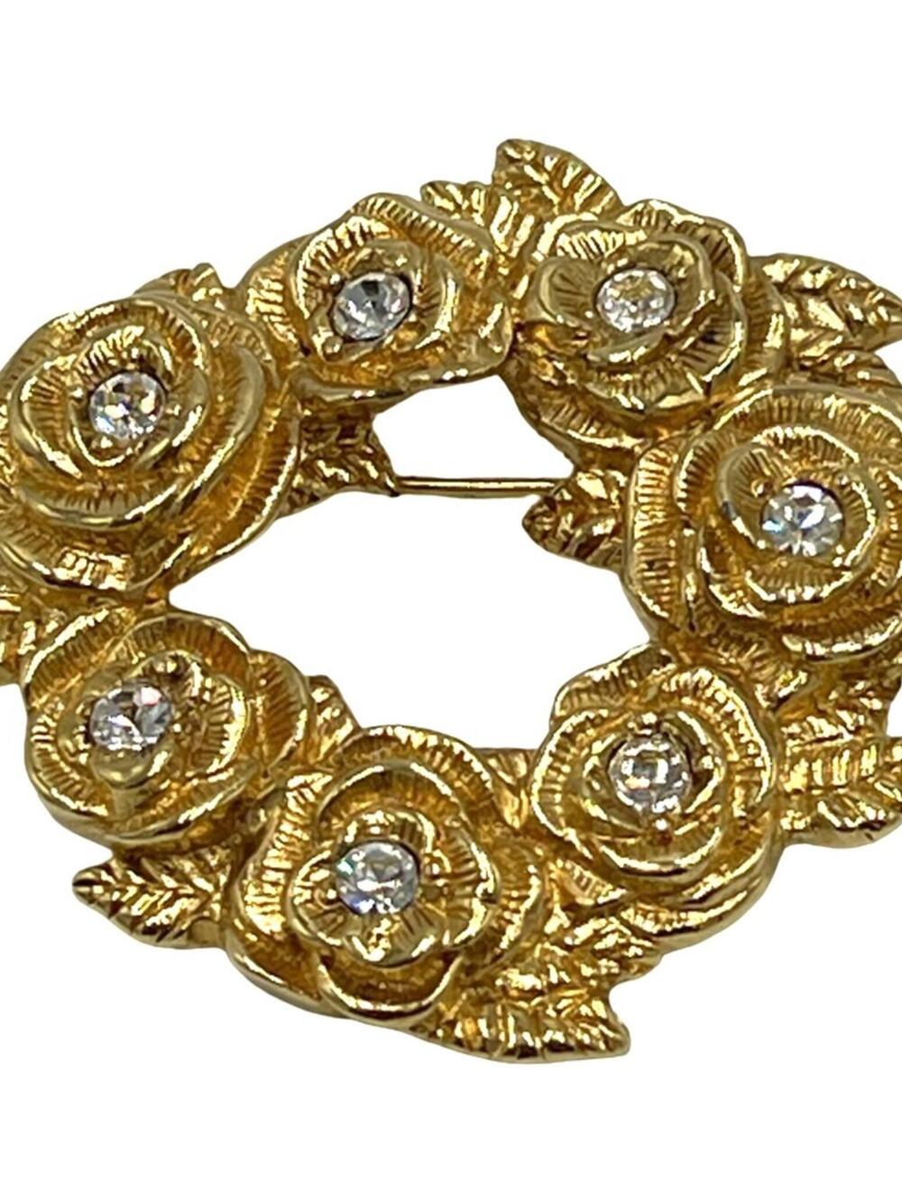 Monet Goldtone and White Rhinestone Wreath of Roses Brooch